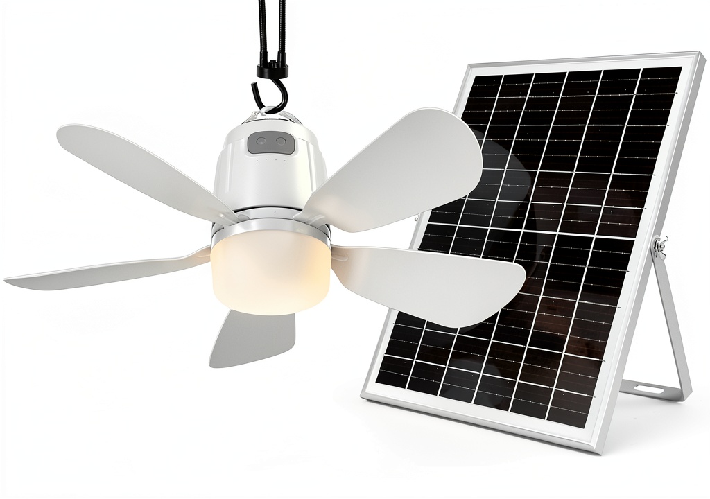 Gliztech Solar Ceiling Fan Light installed under a patio canopy