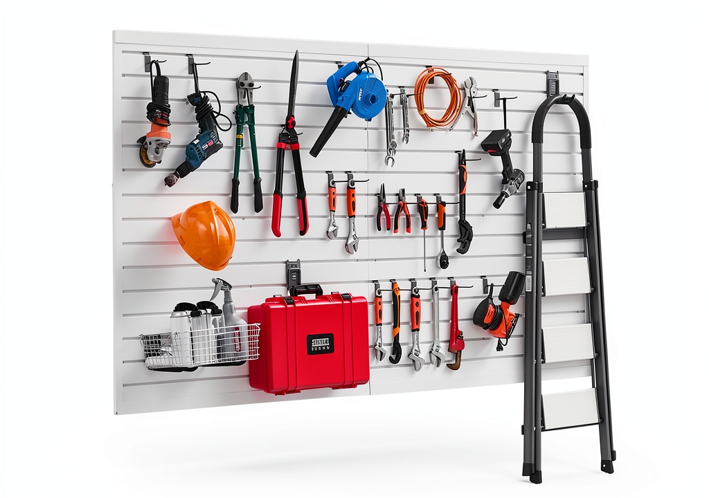 VEVOR slat wall panel installed in a garage with tools organized