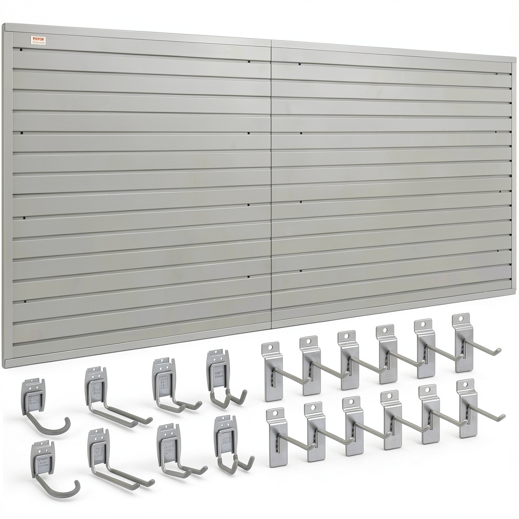 'VEVOR slatwall panels installed in a garage with tools organized'