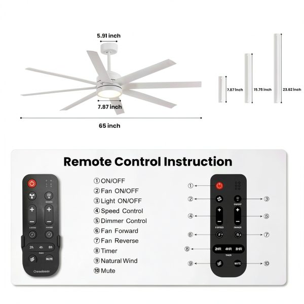 Conciseer 65 Inch Modern Ceiling Fan with Light Remote-8